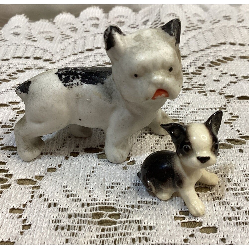 Hagen Renaker Boston Terrier Puppy Dog Figurine & Vintage Chalkware Piece Japan
